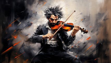 Fototapeta premium Artistic Illustration of Male Violinist in Action, Grunge Backdrop. Classical Music, Melodic Symphony.