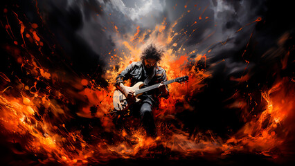 Musician playing the electric guitar on a dark background with fire and smoke. Music concept.