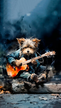 Yorkshire Terrier Dog as Guitar-Playing Rockstar. Canine Musician, Pet Talent, Adorable Performance.