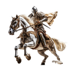 Fototapeta premium a Knight on a horse with sword 3/4 view in an isolated and transparent PNG in a Medieval-themed, photorealistic illustration. Generative ai