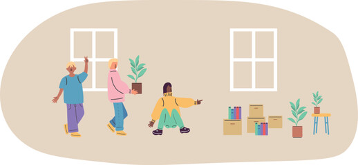 Vector illustration. A large set of multi-colored people in different poses. Moving box. Loader.