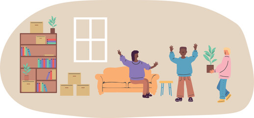 Vector illustration. A large set of multi-colored people in different poses. Moving box. Loader.