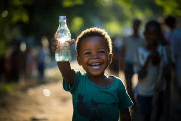 Fototapeta Happy little thirsty child with bottle of pure fresh drinking water in his hand. Draught in Africa, lack of clean water, world's global warming problem concept. Generative AI Technology obraz