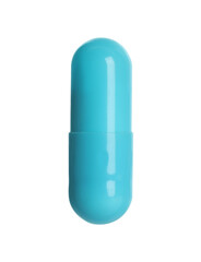 One light blue pill on white background. Medicinal treatment