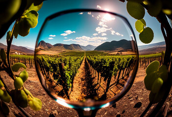 A view of the vineyards through a wine glass. AI Generated