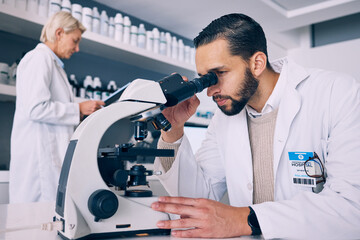 Naklejka na ściany i meble Scientist man, microscope analysis and lab for medical research, molecules or particles of bacteria at pharma job. Science team, people and vision for studying virus with pharmaceutical innovation
