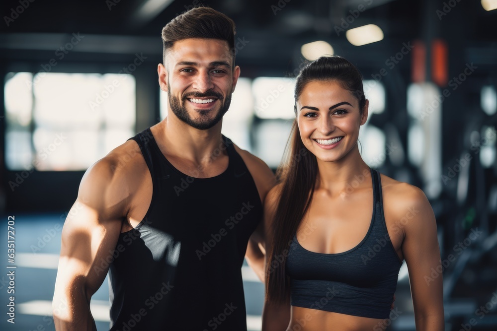 Wall mural beautiful sports girl stands next to the athlete in the gym, athletes, gym