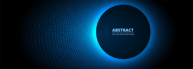 Vector dark blue wide abstract background with circle and halftone.