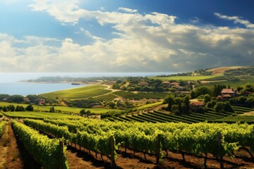 Fototapeta premium Vineyard's Seasonal Overture: Hyper-Realistic Harvest Scene, Laden Grapevines, Picking Labor, and Serene Homestead 