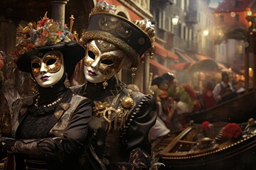 Venice Carnival Grandeur: Hyper-Realistic Image of Gondoliers, Majestic Palaces, Masked Revelers, and Shimmering Canal Reflections
 - obrazy, fototapety, plakaty
