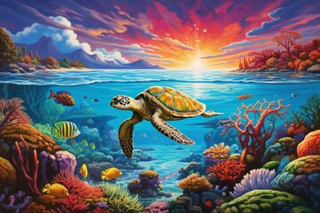 Coral Symphony: Hyper-Realistic Design of Underwater Eden, Varied Corals, Schools of Fish, Graceful Sea Turtle, Sunlit Sparkle
