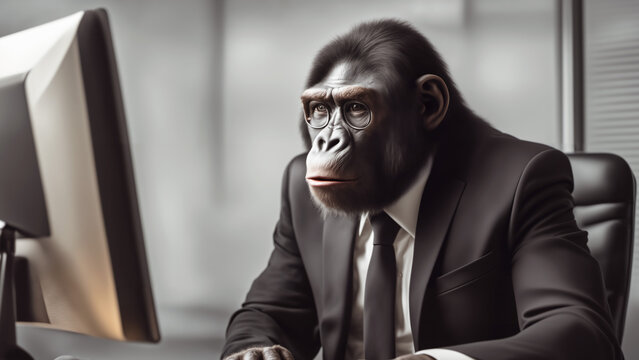 caricature of an ape as a businessman in the office