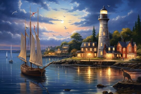 Midnight Harbor Oasis: Hyper-Realistic Nighttime Image, Gentle Waters, Boats Swaying, Lighthouse's Radiance, Star-Filled Sky, City Lights Twinkling

