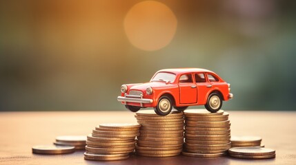 Red car model toy on piles of coins with blurred background, concept of car finance, insurance and travel related issue.