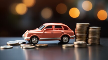 Red car model toy on piles of coins with blurred background, concept of car finance, insurance and travel related issue.