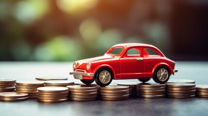 Red car model toy on piles of coins with blurred background, concept of car finance, insurance and travel related issue.