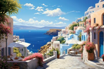 Hyper-Realistic Greek Summer: Scene of Serene Island Village, White-Washed Buildings, Blue-Domed Churches, Shimmering Aegean Sea

