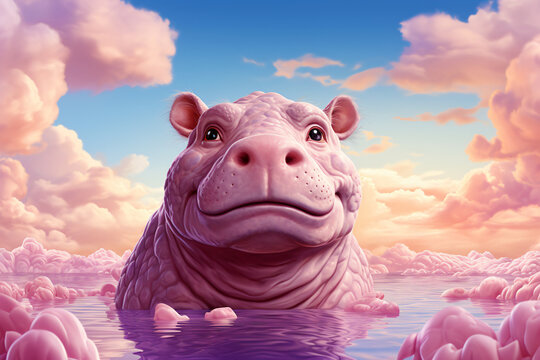 cute pink hippo on a background of blue sky and pink clouds