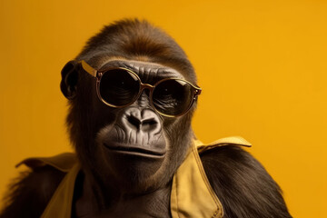 Add a touch of wild to your collection with this playful and fun gorilla wearing sunglasses on a bold and colorful yellow background. AI Generative.