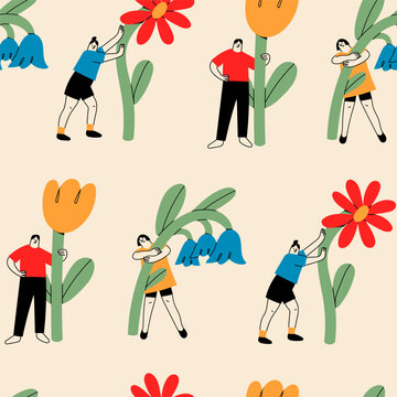 Various people with a giant Flowers. Young person holding flower. Cute funny characters. Cartoon style. Hand drawn Vector illustration. Square seamless Pattern, background, wallpaper