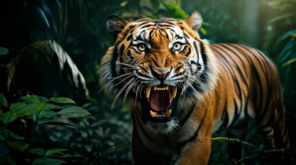 Fototapeta na wymiar photo of wild tiger in forest in daylight, wild and ferocious animal
