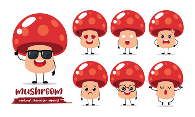 cute mushroom cartoon with many expressions. fungi different activity pose vector illustration flat design set with sunglasses.