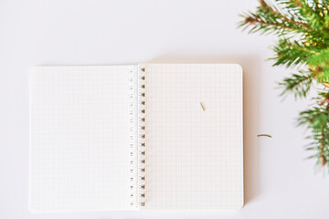 Blank sheets of opened checkered notebook, christmas tree branches, fallen needles.