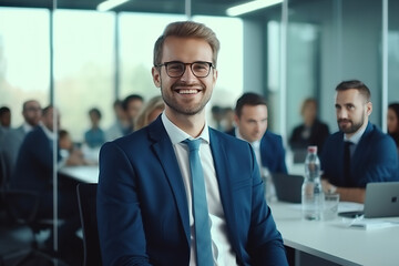 Portrait of successful boss, businessman in business suit looking at camera and smiling, man with crossed arms working inside modern office building