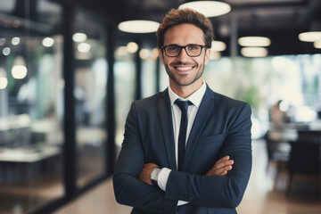 Portrait of successful boss, businessman in business suit looking at camera and smiling, man with crossed arms working inside modern office building