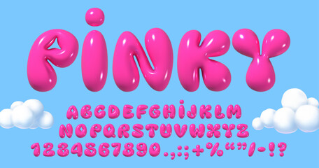 Glossy 3D pink bubble font in Y2K style. Playful design inspired by 2000s or 90s, inflated balloon letters. Trendy English type. Realistic vector illustration