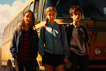 A group of young people dressed in school uniforms pose in front of a yellow bus. The concept of school and the start of the new school year