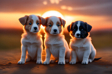 puppies looking at the sunset.Generative AI