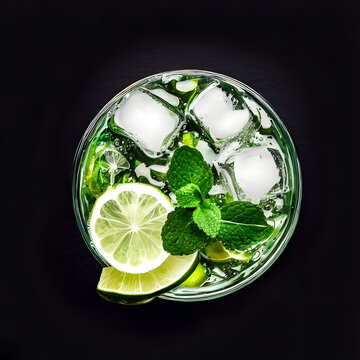 Cocktail - Mojito in einem Glas, dekoriert mit Limetten, Pfefferminzblatt und Eiswürfeln