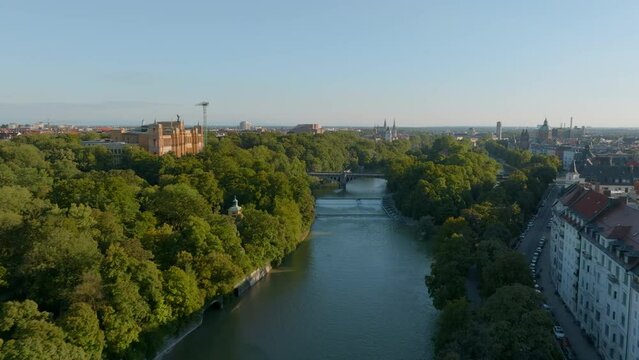 Aerial view of the Isar river and the Landtag of Bavaria in Munich, Germany