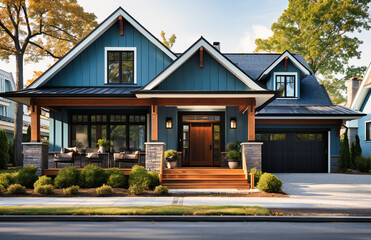 this front view of a new home shows blue doors and a garage - obrazy, fototapety, plakaty