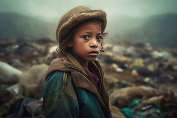 Kid standing in garbage dump surrounded by polluted air. Sad teenager African child dressed in tattered clothes at the towering mountains of trash. Environmental problem in poor country. Generative AI