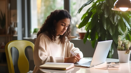 Young woman, girl student using laptop elearning or remote working at home office using laptop pc computer for webinar, learning online training digital education sitting at table, writing notes.