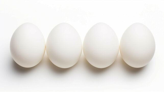 Five white eggs isolated on white background,top view,flat lay.Organic duck eggs isolated on white background.