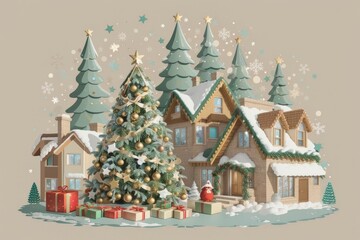 Weihnachtliche Szene mit Christbaum, Geschenk, kleines Dorf, Schnee, zarte Farben Grün, Rot und Beige