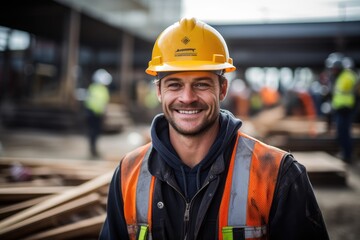 Fototapeta premium Handsome sports man builder on the background of the construction site