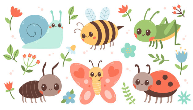 Naklejki Cute insects set. Butterfly, ant, ladybug, bee, snail, grasshopper. Vector illustration isolated on white background