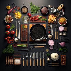 culinary crafting: 2d knolling illustrations showcasing cooking elements