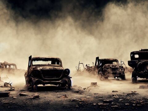 apocalyptic wasteland with rusted and abandoned vehicles