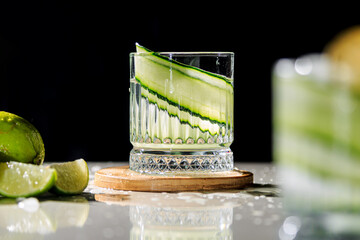 gin tonic with a slice of fresh cucumber on a white table with sliced limes on ice
