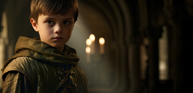 A boy in medieval clothes, a nobleman in a palace, temple or catacombs.