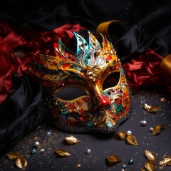 Crazy fancy masks with sequins. Halloween party background