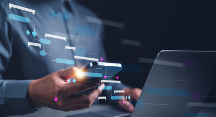 management, analysis, chart, dashboard, progress, planning, task, schedule, growth, team. examine at smartphone, schedule planning progress dashboard management. analysis schedule task for team.