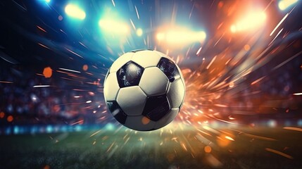 Fototapeta premium Soccer ball in the stadium seen from the front, generated by AI