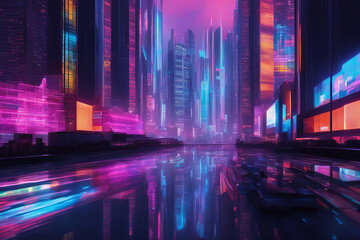 A night view of a reservoir in a futuristic city of the future with neon signs and colored lighting.