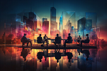 discussion, background, meeting, employee, group, attendee, team, teamwork, brainstorming, workplace. creative brainstorming in meeting building and high tower stand amid clear glass filter.